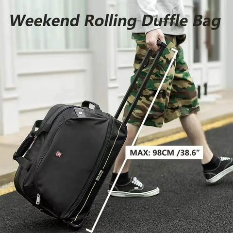 Person pulling 22 Inch Rolling Duffel Bag With Wheels For Weekend Travel And Carry On, black, on sidewalk, telescopic handle extended.