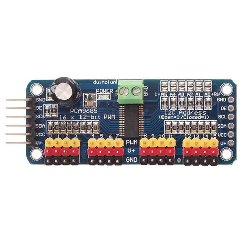 PCA9685 16 Channel 12-Bit PWM Servo Driver I2C Module for Arduino Robots and DIY Projects, 5V-10V DC Power, front view