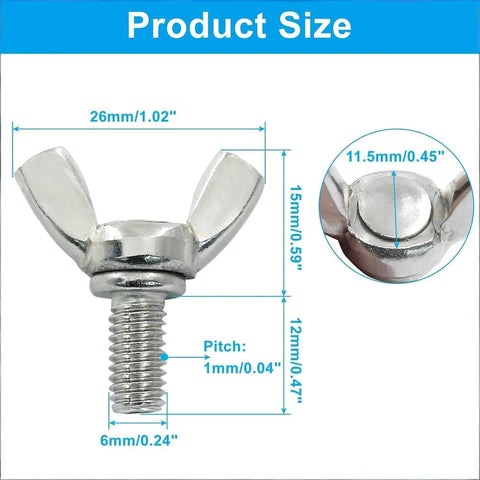 Close-up of Stainless Steel M6 Wing Bolts Set of 10, 12mm Thread Length, 1mm Pitch, Heavy Duty Thumb Screws for Electronics and Outdoor Equipment