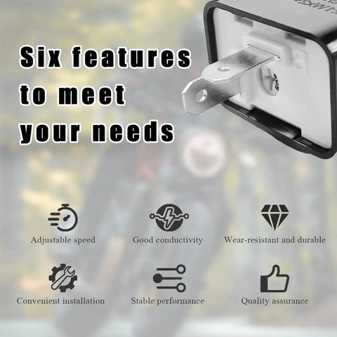 Image showcasing features of 12V Adjustable LED Flasher Relay For Cars And Motorcycles with icons for speed, durability, and installation.