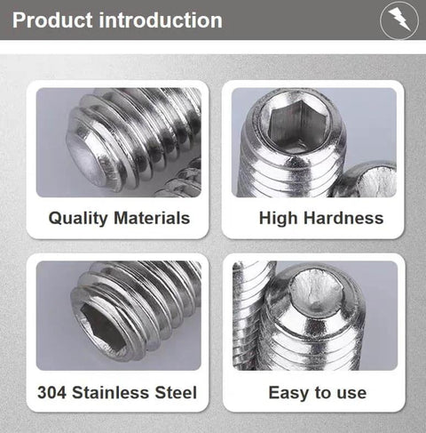 Beefy Headless Cup Point Grub Screws Set With Hex Socket Drive Thread Size Ten To Twenty Four By Five Eighth Inch Flat And Concave End Internal Hex 304 Stainless Steel Construction Metric Threads Great For Towel Racks And Door Knobs 15 Pieces close-up