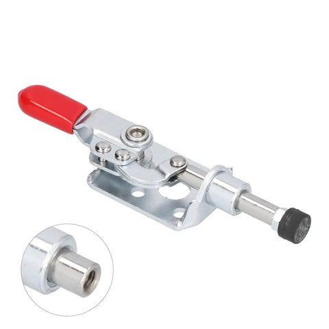 Beefy Push Pull Toggle Clamp Quick Release With 40kg Holding Capacity For Woodworking Jigs And Fixtures, Welding, Drill Press And Crosscut Sled, Stainless Steel And Plastic Construction For Quick Positioning And Rust Proof Performance, shown in red and silver with close-up view