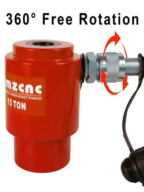Beefy Hydraulic Knockout Punch Set 1/2 to 4 Inch Conduit Hole Cutter Kit showing 15 Ton power and 360 degree rotation feature