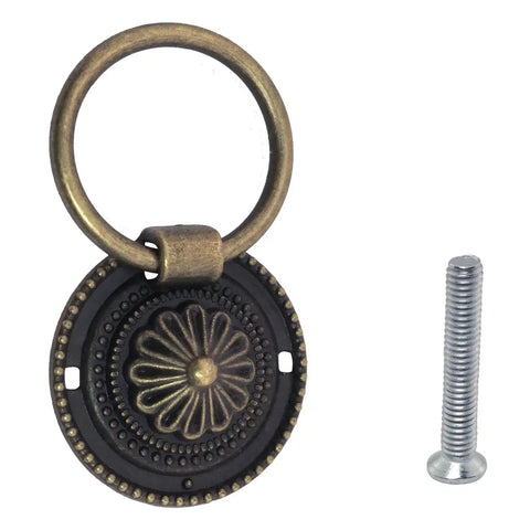 Antique Bronze Floral Pattern Drawer Pull Ring with Durable Screw, Vintage Zinc Alloy 36mm Dresser Pull Handle, Cabinet Knob Hardware Set