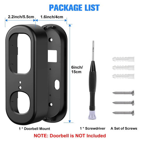No Drill Adhesive Doorbell Mount For Arlo Video Doorbell 2K HD 2nd Gen, mount and tools shown, black anti theft bracket