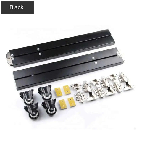 Hidden Desktop Folding Connector Accessories Set With Hydraulic Rod Hinges for Fold Up Tables in Black, includes hinges and wheels