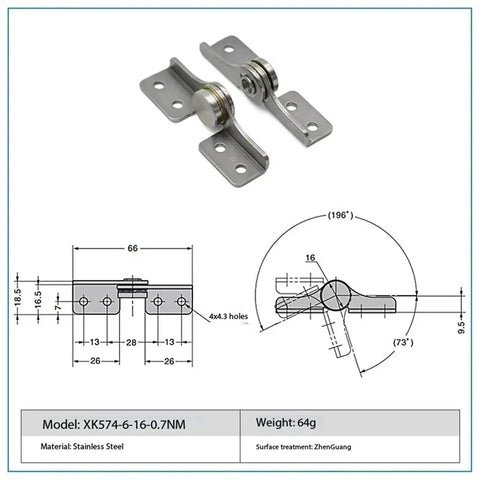 Front view of XK574-6-16-0.7Nm stainless steel constant-torque door hinge with mounting plates