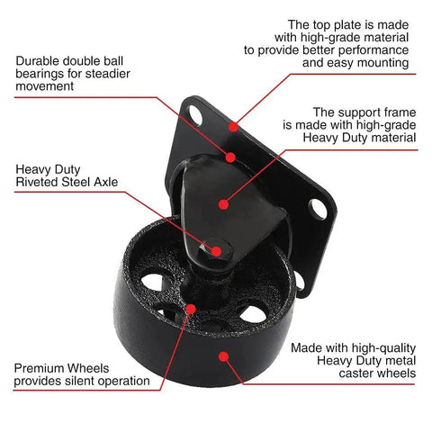 Image showing All Black Four Pack Metal Swivel Plate Caster Wheels With Brake Lock, highlighting heavy-duty materials and double ball bearings.