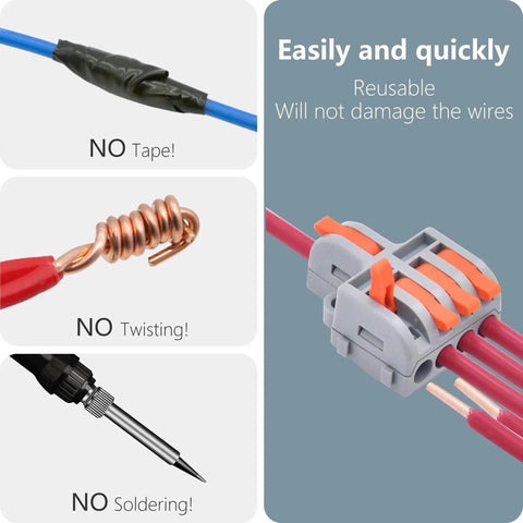 Diagram showing 10 Pack Lever Wire Connectors for Quick DIY Wiring, 1 Inch 4 Output Terminal Block, no tape, twist, or solder needed.