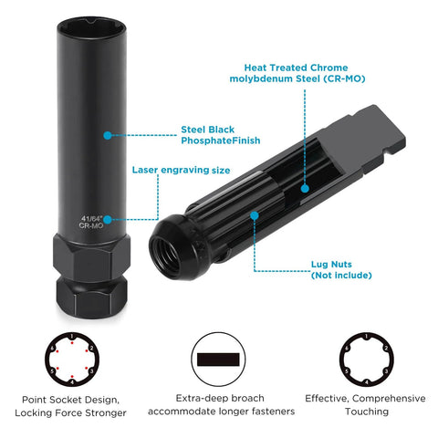 Two Piece 6 And 7 Spline Lug Nut Socket Set With Wheel Lock Key For No Fuss Quick Installation And Removal Of Aftermarket Spline Drive Lug Nuts Includes 41/64 Inch For M12 Series And 3/4 Inch For M14 Series showing black steel construction and dimensions