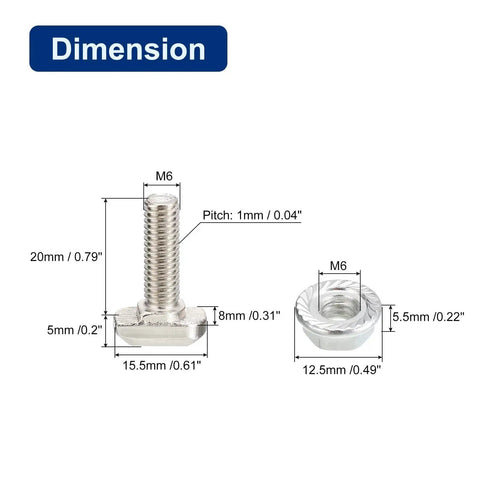 Dimensions of M6 T Slot Nuts And Bolts Set For 3030 Aluminum Extrusion, Drop-In Hammer Head T-Bolts With Hex Flange Nuts, 20mm Screw