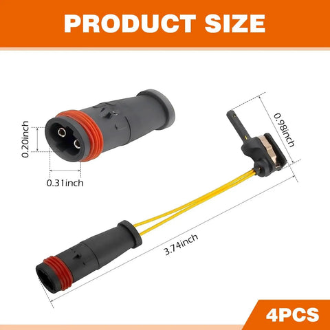 4-piece brake pad wear sensor kit with black housings, red seals and yellow wiring; plug and sensor end shown