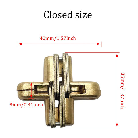 Gold zinc alloy hidden door hinges with screws, mortise mount, concealed cross design, size 40x35 mm, for folding wooden doors.