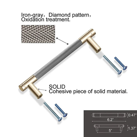 12 Pack 5 Inch Center To Center Drawer Pulls With 6 Inch Overall Length Round Aluminum Cabinet Handles In Gold Nickel Oxidation Finish And Diamond Pattern Includes 56 Screws close-up showing diamond pattern with screws.
