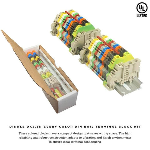 Plug And Play DIN Rail Terminal Block Kit With Aluminum Rail, 20 Pole Connectors, 12-22 AWG, 20A 600V Rating, in packaging