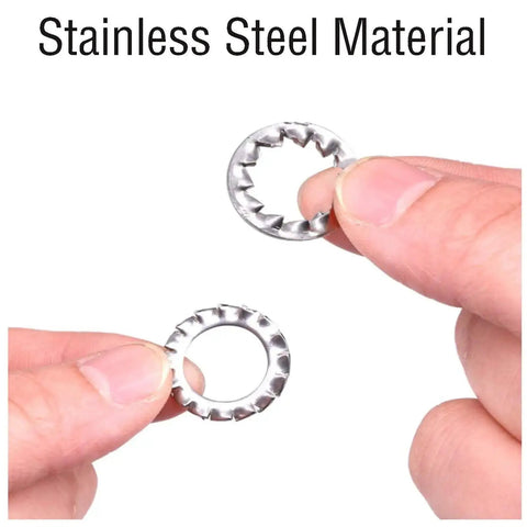 Close-up of 100 Count 304 Stainless Steel External Tooth Star Lock Washers Kit With Circlips Snap Rings For M5 Machinery Built Tough Fastening.