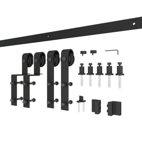 Bypass Double Glass Barn Door Kit With 6.6 Ft Hardware components, including rollers and guides, for easy assembly.