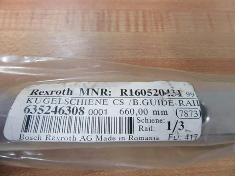 Single guide rail R160520431 660.00 mm precision profile, packaging label view with serial number and specifications