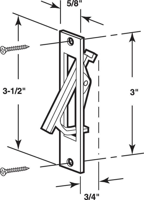 Diagram of Pocket Door Flush Edge Pull In Polished Brass Finish With Fasteners Included, showing dimensions and installation holes.