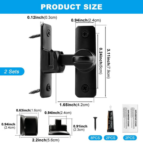 Two Pack Barn Door Lock Latches 90 Degree And 180 Degree Flip Design with dimensions for privacy and security use