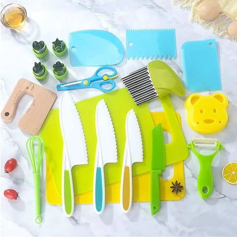 17 Piece Kid Friendly Kitchen Set For Toddlers Real Cooking Safe Knives With Cutting Boards Fruit And Vegetable Cutters