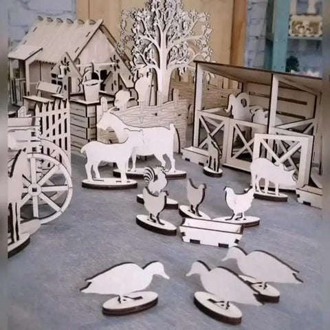 Wooden laser-cut farm animal and structure models made from Baltic Birch Plywood Sheets 12 By 12 Inches One Eighth Inch Thick.