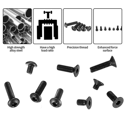 Image showing 720 Pcs M3 Hex Socket Cap Bolts Screws Assortment Kit With Pan Head And Flat Head Button Style, Black Alloy Steel