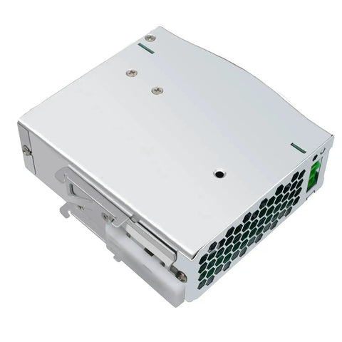 Front view of Beefy 24V DC Power Supply Dual Output 120W For DIN Rail Mount, 100-240VAC Input, 24VDC 5A Output, in white, blue enclosure not visible.