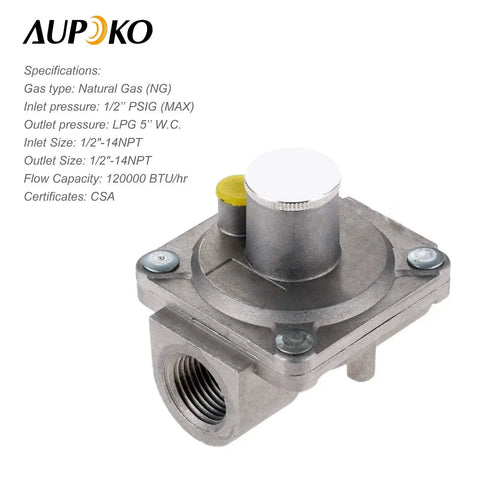 Natural Gas Grill Regulator Half Inch NPT LP Regulator For Grill And Fire Pit, with specifications listing and Aupoko branding