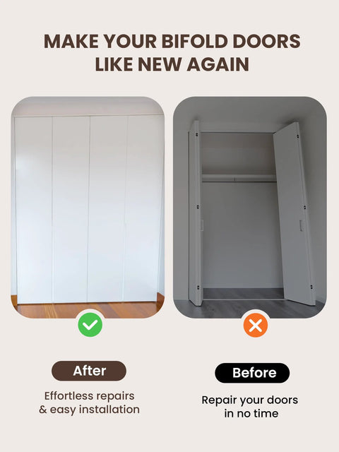 Comparison of bi-fold closet doors before and after using Bi-Fold Door Hardware Repair Kit 4 Pack For 7/8 To 1 Inch Track.