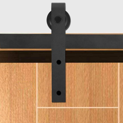 Heavy Duty Dual Deck Sliding Barn Door Kit With Silent Rollers And Track System For Interior Doors in Carbon Steel, close-up view.