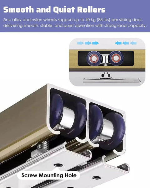 Close-up of Double Track Bypass Barn Door Hardware Kit Soft Closing Mini Sliding Pocket Doors Rails Aluminum System detail.