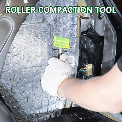 HAOBO automotive sound deadening roller with green head used to compact heat abatement mat behind a car door panel