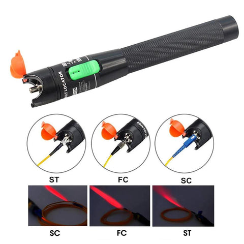 Visual Fault Locator VFL fiber optic tester by Amazon, black front-view pen with orange cap and red light, ST/FC/SC tips