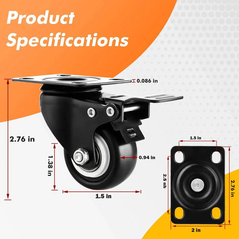Heavy Duty 1.5 Inch Caster Wheels Set Of 12 With Polyurethane Silent Rolling Wheels shown with dimensions and swivel plate design