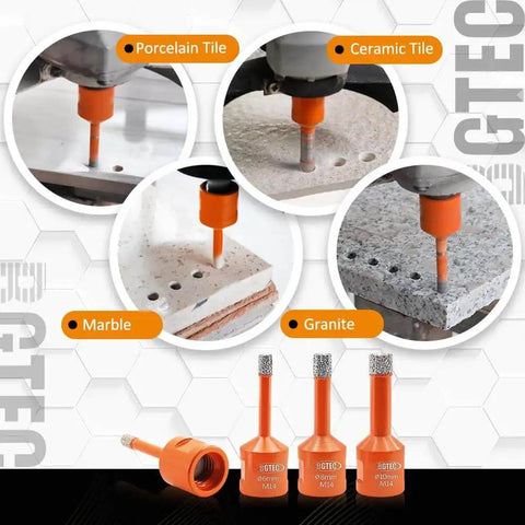 Dry Diamond Core Drill Bits Set For Porcelain Tile And Stone 6mm 1/4 Inch With 5/8-11 Thread 2 Pack Wax Core Cooling shown in use.