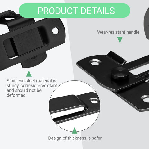 2 Pack Black 90 Degree Stainless Steel Barn Door Latch With End Lock Hook For Privacy And Security, close-up view