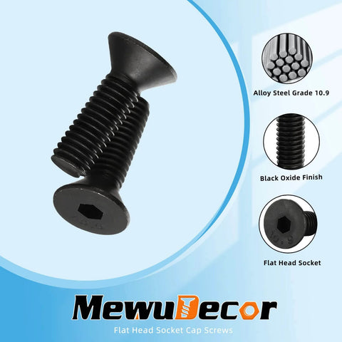 Heavy Duty 3/8-16 Inch Flat Head Socket Cap Screws Set, 1 Inch Long, Fully Threaded, Alloy Steel Grade 10.9, Black Oxide Finish
