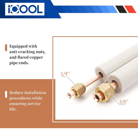 ICOOL mini split line set, front view, 50 ft, twin copper pipes 1/4 in and 3/8 in OD, thickened PE insulated with brass nuts