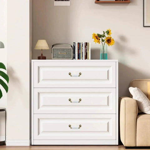 White dresser with three drawers featuring Four Pack Ceramic Drawer Pull Handles In Antique Crack Brown Four And A Half Inch Hole Distance.