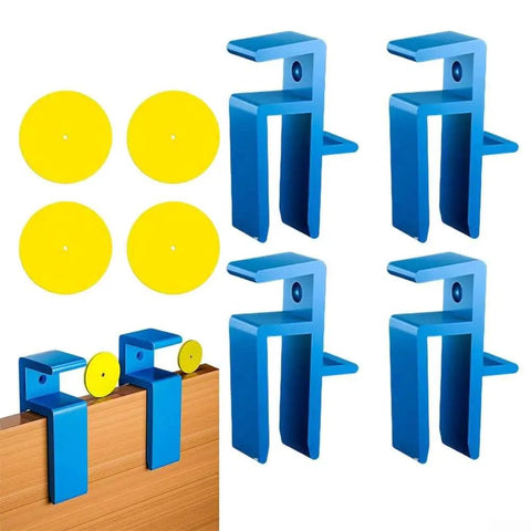 Adjustable Carpentry Jig System For Pro Grade Precision In Wall Scribing And Toe Kick Cuts For Cabinets And Furniture Installations, 3 Piece Set For Pros And DIYers With Streamlined Marking Discs And Accurate Fittings, showing blue jigs and yellow discs.