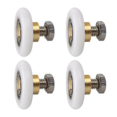 Shower Door Roller Set 25mm Twin Wheel Runners For 4 To 6mm Thick Doors Top And Bottom Replacement Parts White 4 Pack Includes Stainless Steel Screws Copper Core POM Wheels Easy Install No Fuss, showing 4 white rollers