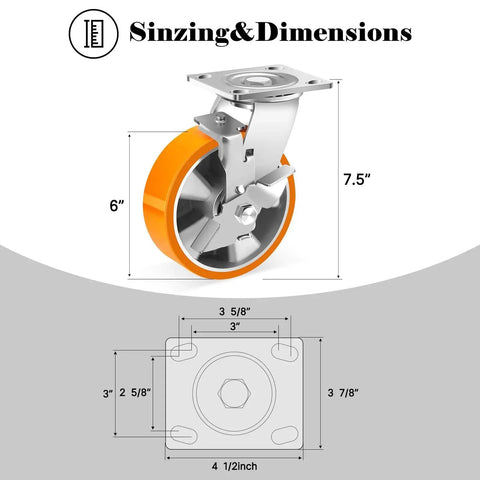 Beefy 6 Inch Industrial Grade Heavy Duty Caster Set Of Four With Brakes, 1250 Lbs Per Caster, 5000 Lbs Total Capacity, Maintenance Free