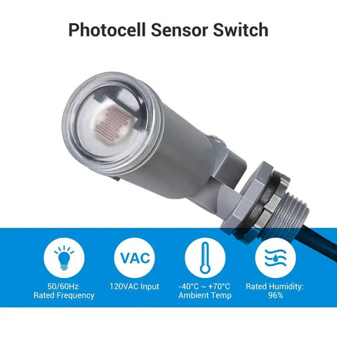 Dusk To Dawn Photocell Sensor Switch For Outdoor Low Voltage Lighting With Swivel Mount, shown with specifications