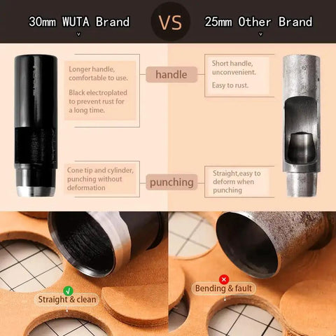 Comparison of 30mm WUTA round hole punch vs 25mm other brand showing handle and punching differences for leather crafting