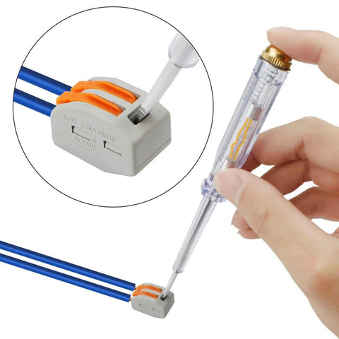 50 Piece Set Lever Wire Connectors Two Conductor Quick Clamp Terminal Blocks Compact Design No Tool Needed Fast Connection For 28 12 AWG Wire DIY Friendly And Everyday Electrical Jobs Across Multiple Types showing installation with screwdriver