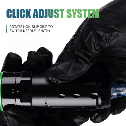 Cordless tattoo gun pen, black with green ring, held by gloved hand; RCA jack visible.