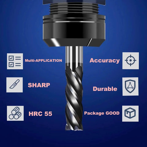 Close-up of 1/32 Inch Carbide Square End Mill Set With 4 Flute HRC 55 AlTiN Coated CNC Router Bits For Alloy Steels And Hardened Steels Pack Of 5 Heavy Duty Metalworking Milling Tools showcasing sharp and durable features.
