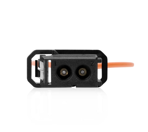 Fiber optic loop bypass adapter with two ports labeled 1 and 2 and orange fiber optic lead.