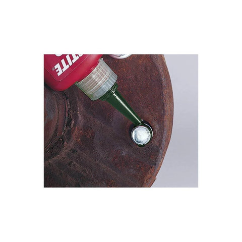 Green Penetrating Thread Locker For Fasteners From Size Two To One Half Inch 36 Milliliter Bottle Low Viscosity Formula applied to bolt